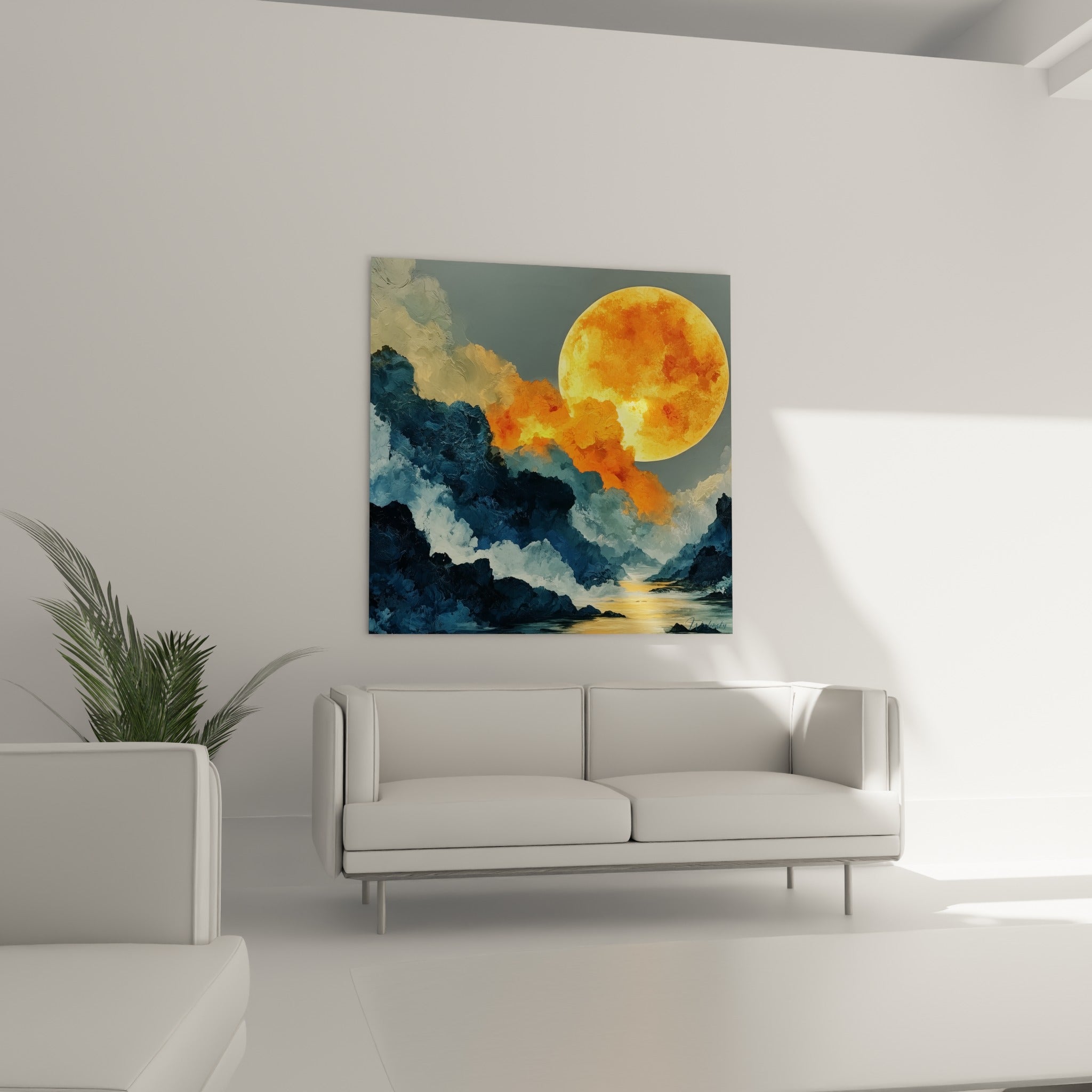 Astre orange perçant des nuages anthracite, tableau style Peinture abstrait au-dessus d'un canapé dans un salon lumineux