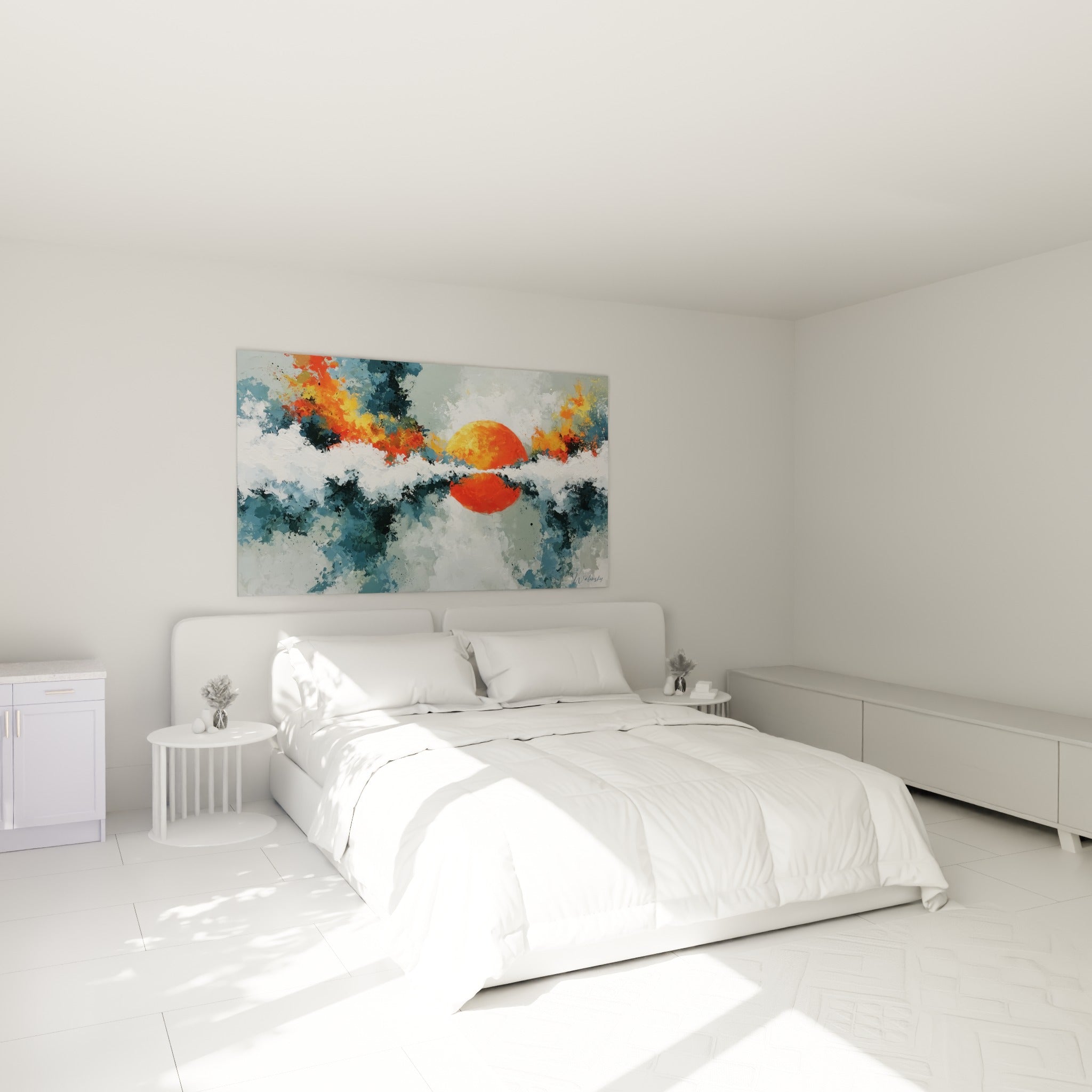 Astre orange et bleu marine tourbillonnant, tableau style Peinture abstrait au-dessus d'un lit dans une chambre claire