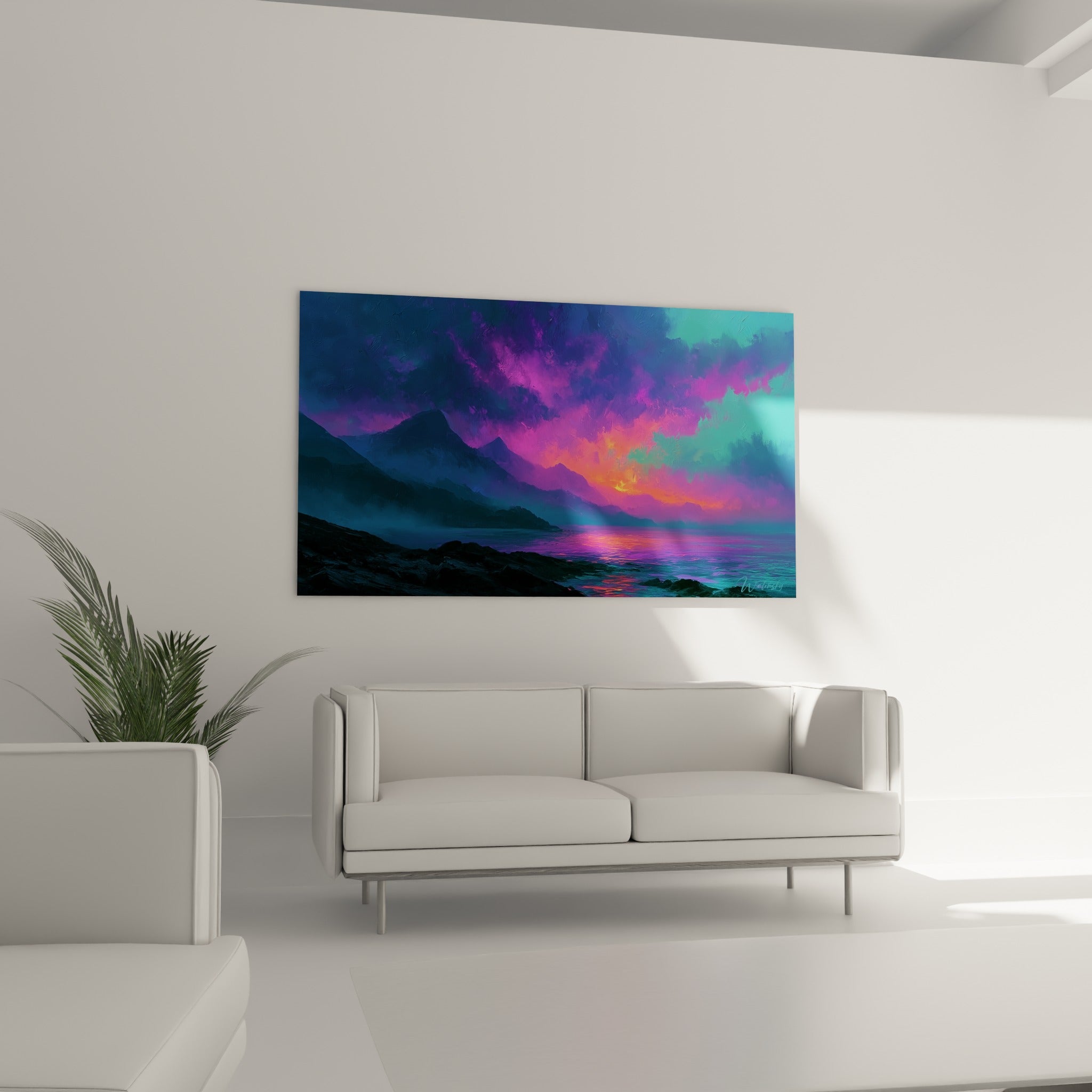 Ciel pourpre et vert émeraude d'un coucher de soleil peint, au-dessus d'un canapé dans un salon lumineux