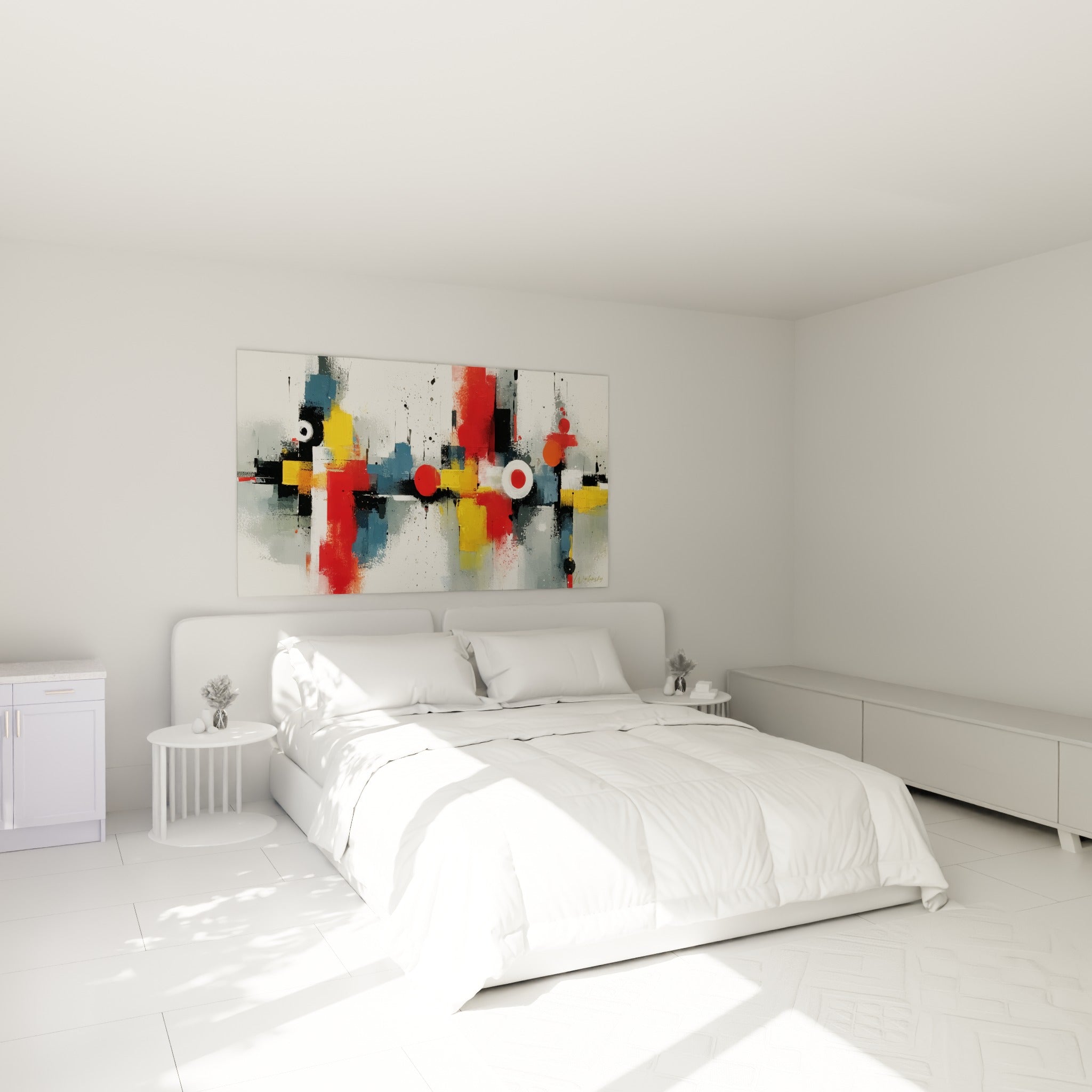 Cercles rouges et jaunes de ce tableau style Peinture abstrait au-dessus d'un lit dans une chambre claire