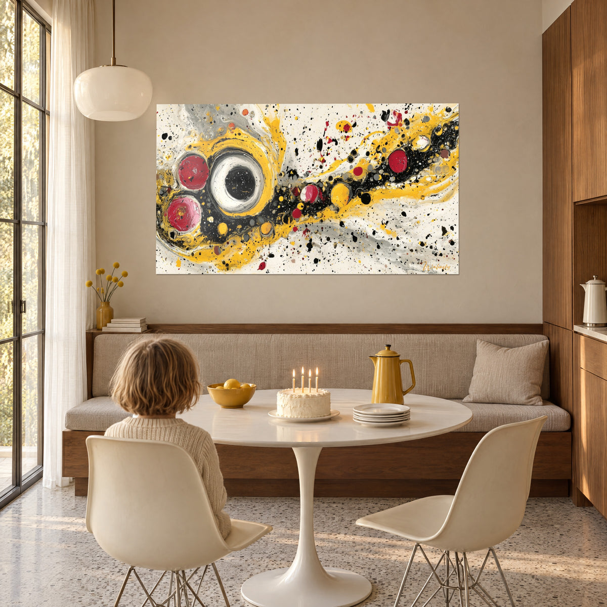 Quadro orbi zafferano e granato su fondo avorio punteggiato di gocce nere, sopra una panca imbottita, tavolo di compleanno
