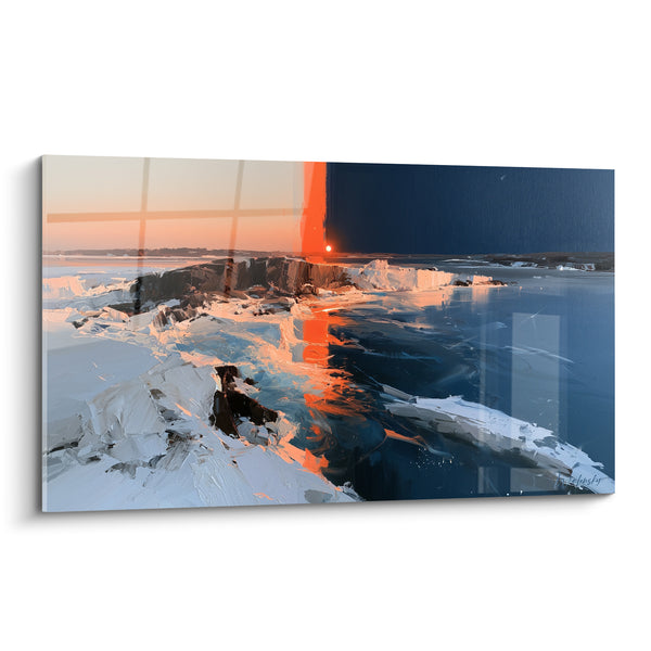 Tableau Banquise soleil bleu marine et blanc - Aube polaire - Edition style Peinture abstrait