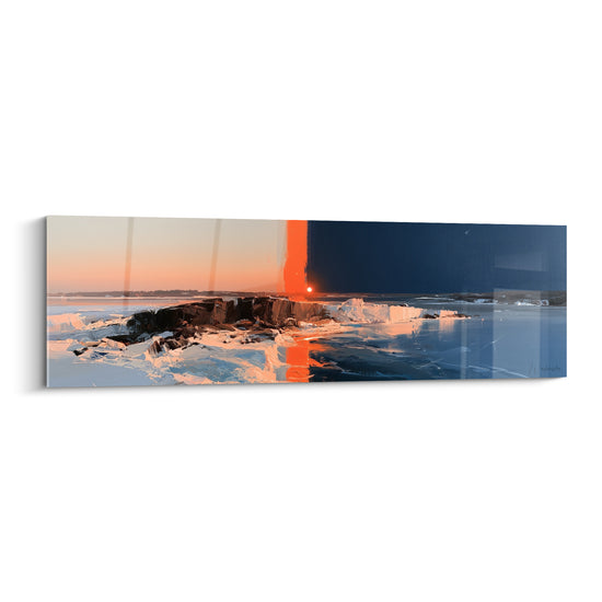 Rivage gelé au style Peinture abstrait, orange incandescent et bleu marine, empâtements texturés