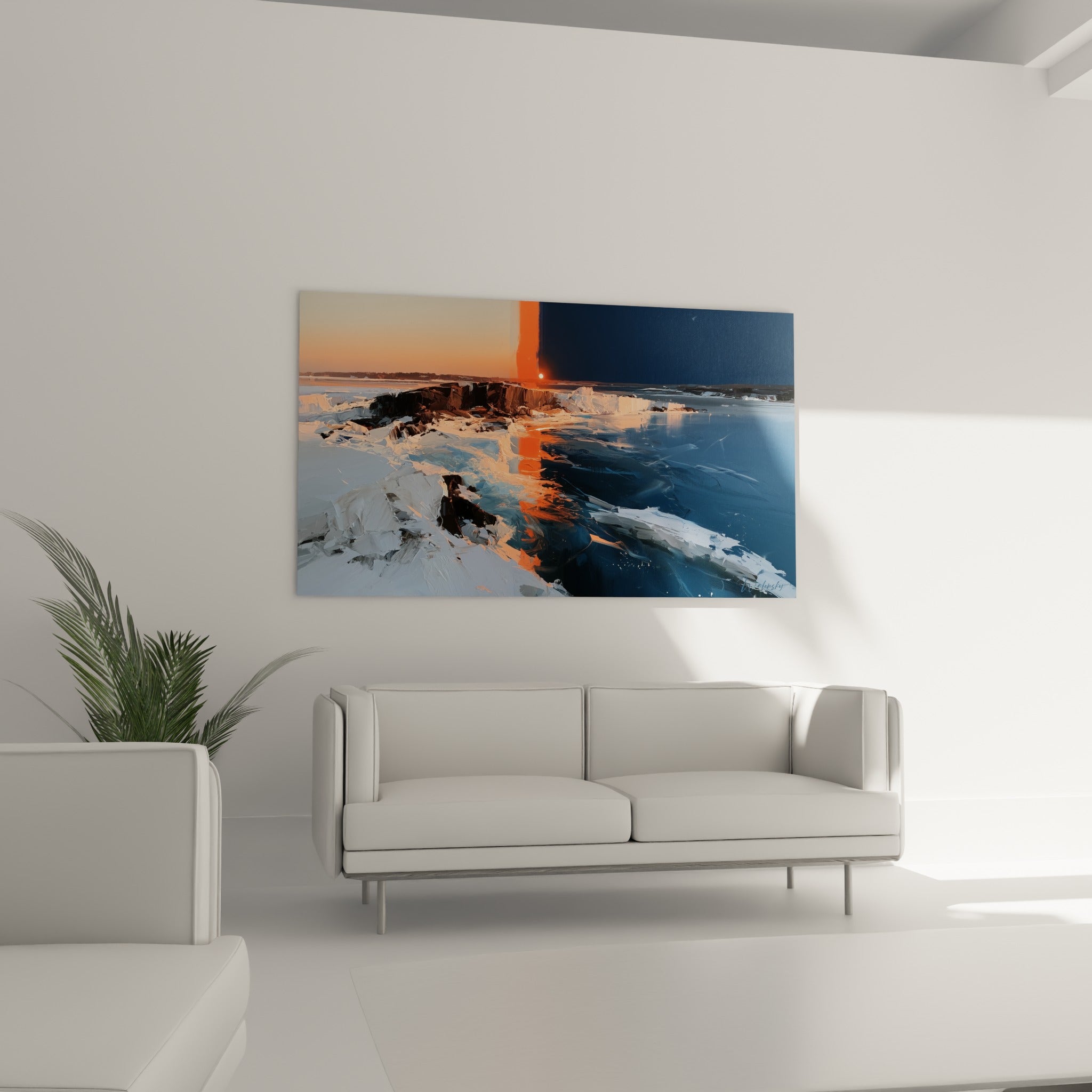 Glace texturée blanche et bleu marine avec soleil orangé au style Peinture abstrait, au-dessus d'un canapé dans un salon lumineux