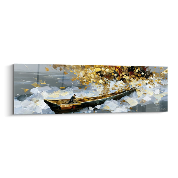 Tableau Barque dorée sur mer grise et blanche - Traversée dorée - Edition style Peinture abstrait