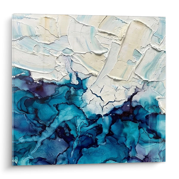 Tableau Abstraction blanche et bleue aux textures fissurées - Fracture polaire - Edition style peinture