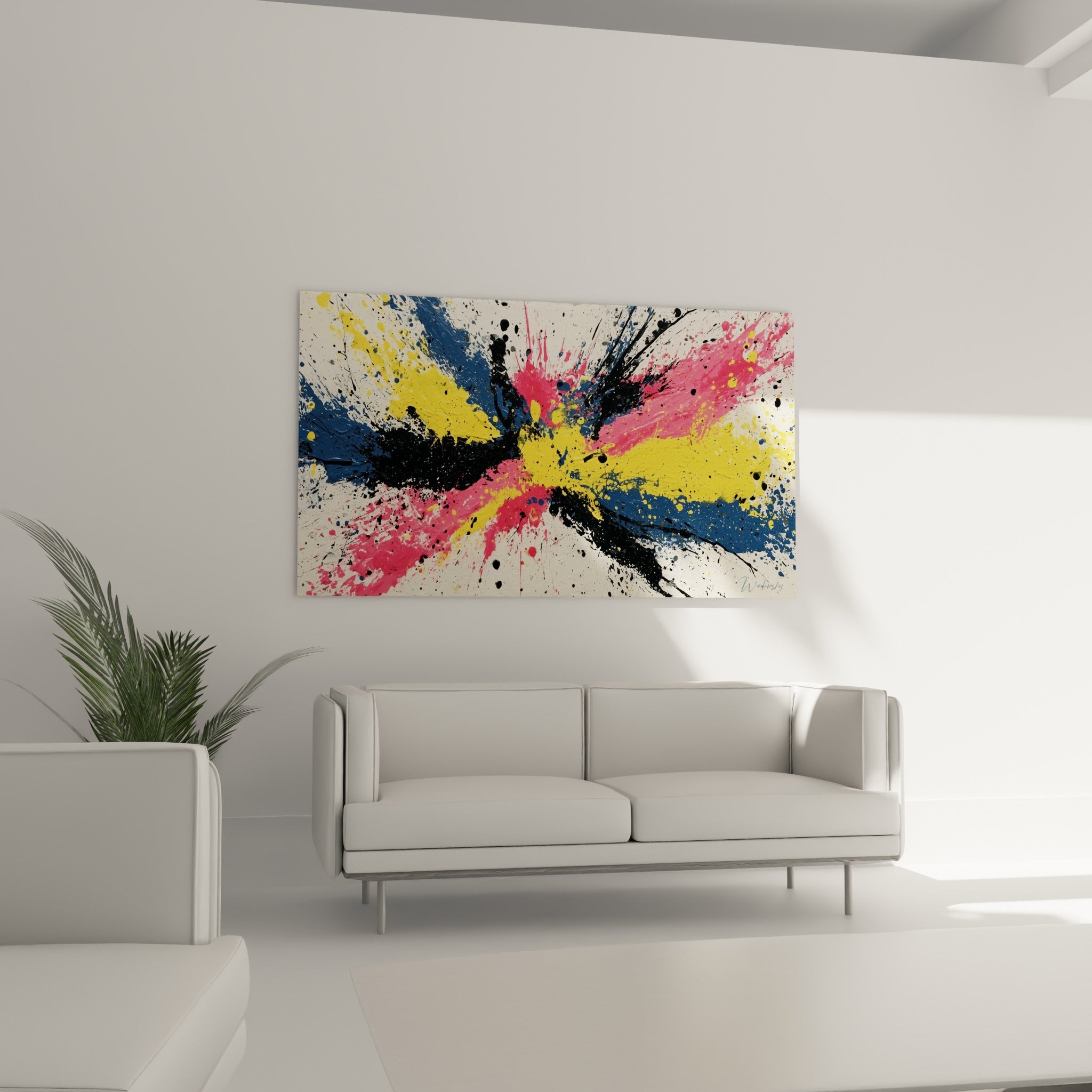 Jaillissement coloré bleu ardoise et rose, style Peinture abstrait, au-dessus d'un canapé dans un salon lumineux
