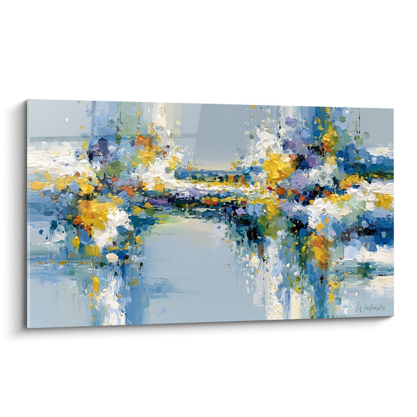 Tableau Éclaboussures bleu ciel et jaune doré - Reflets d'un matin fleuri - Edition style Peinture abstrait