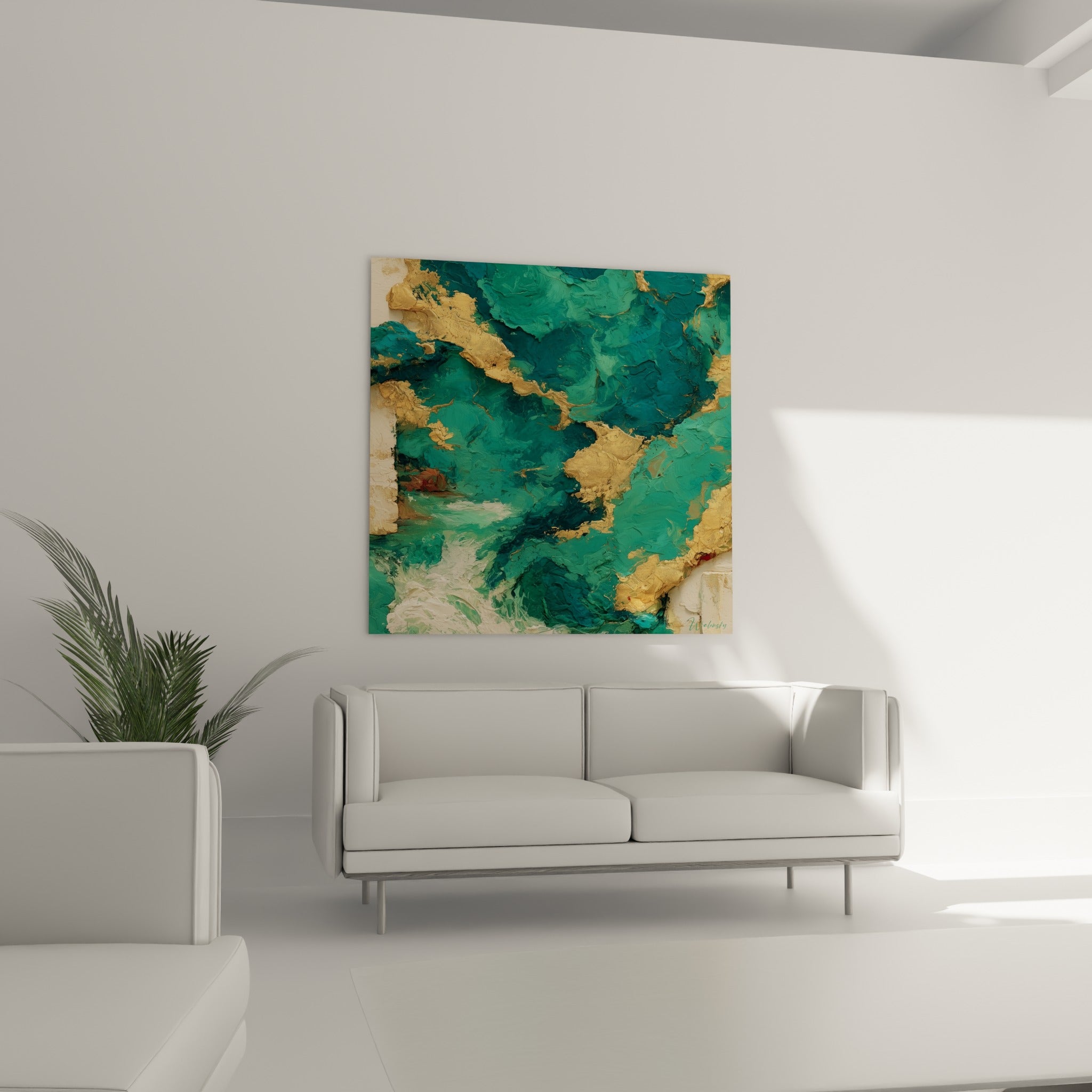 Éclats dorés sur fond bleu profond en style Peinture abstrait, au-dessus d'un canapé dans un salon lumineux