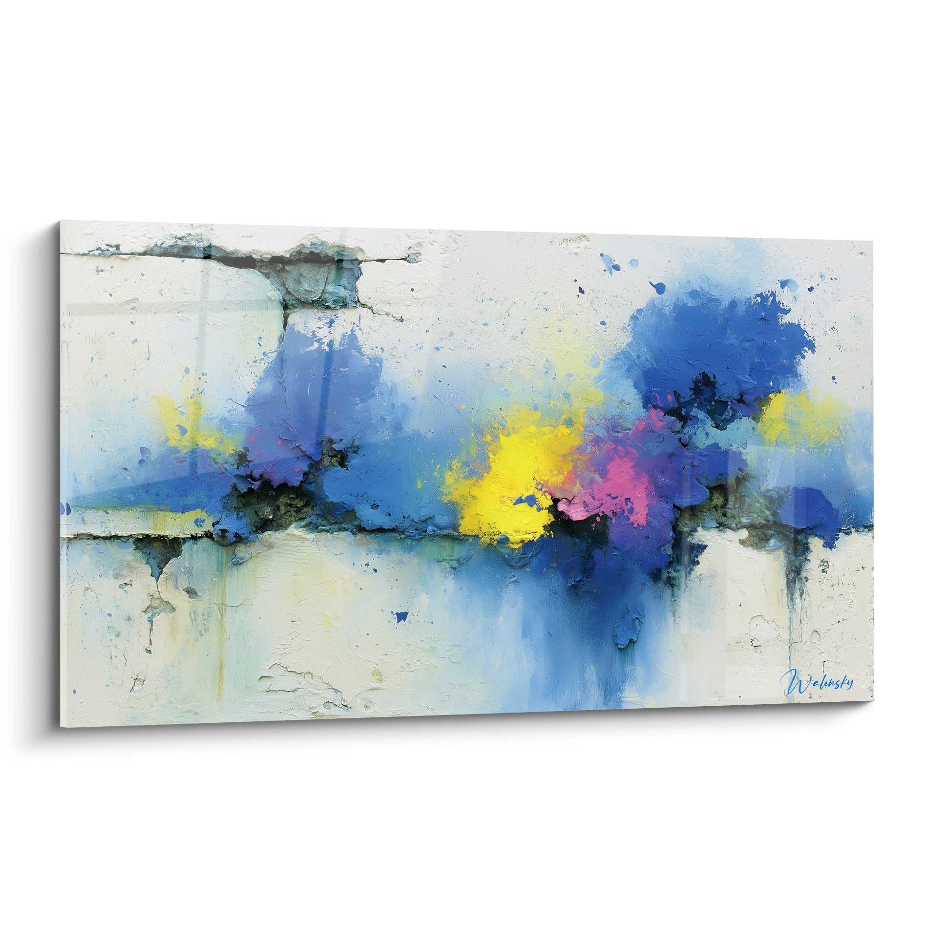 Éclaboussures bleu marine et jaunes sur fond blanc craquelé, tableau style Peinture abstrait
