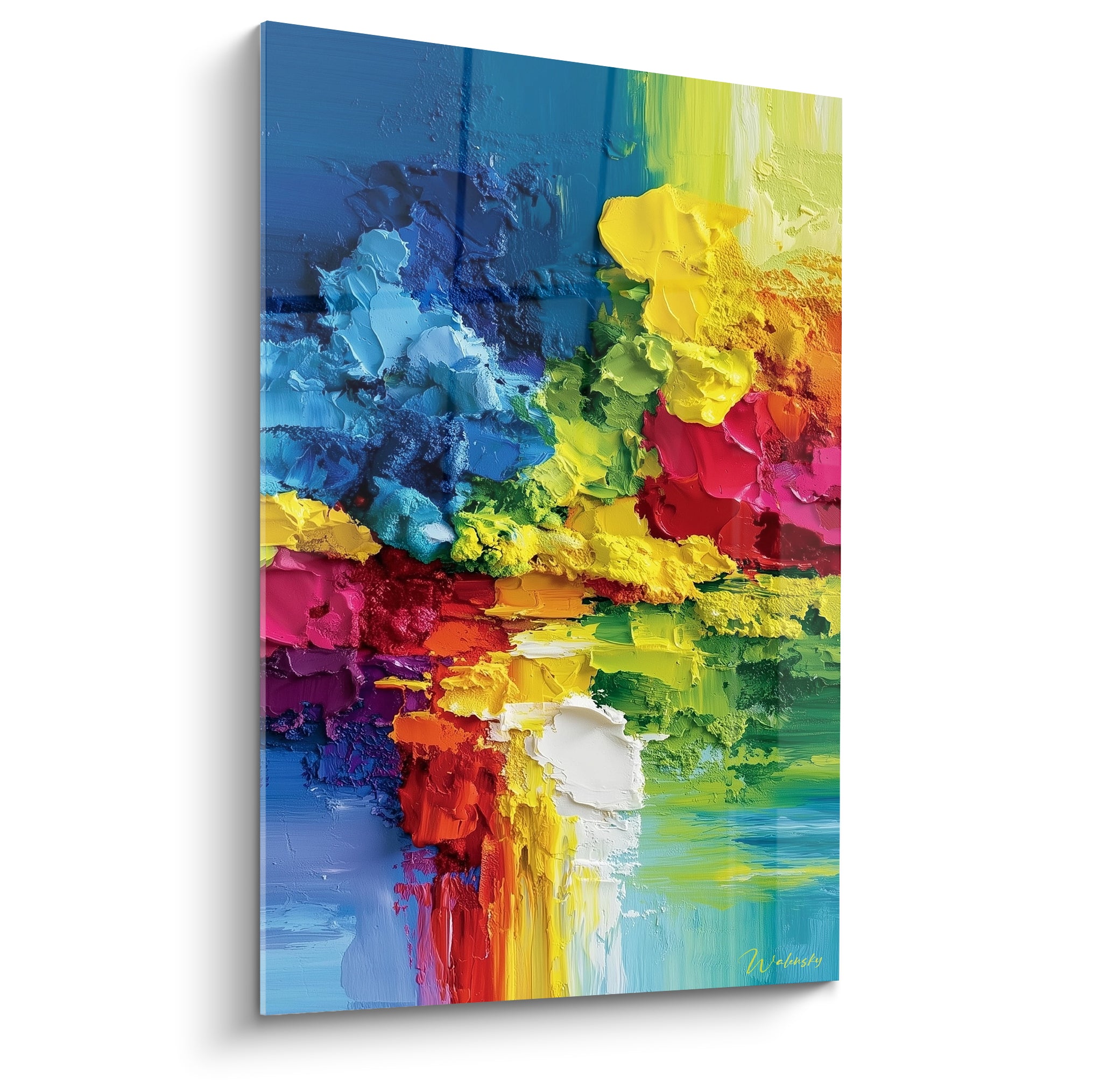 Empâtements bleu marine et jaune vif composent ce tableau style peinture abstrait texturé
