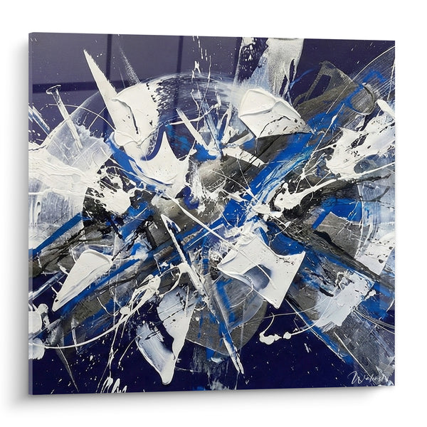Tableau Éclaboussures blanches et bleu marine texturées - Déflagration nocturne - Edition style peinture