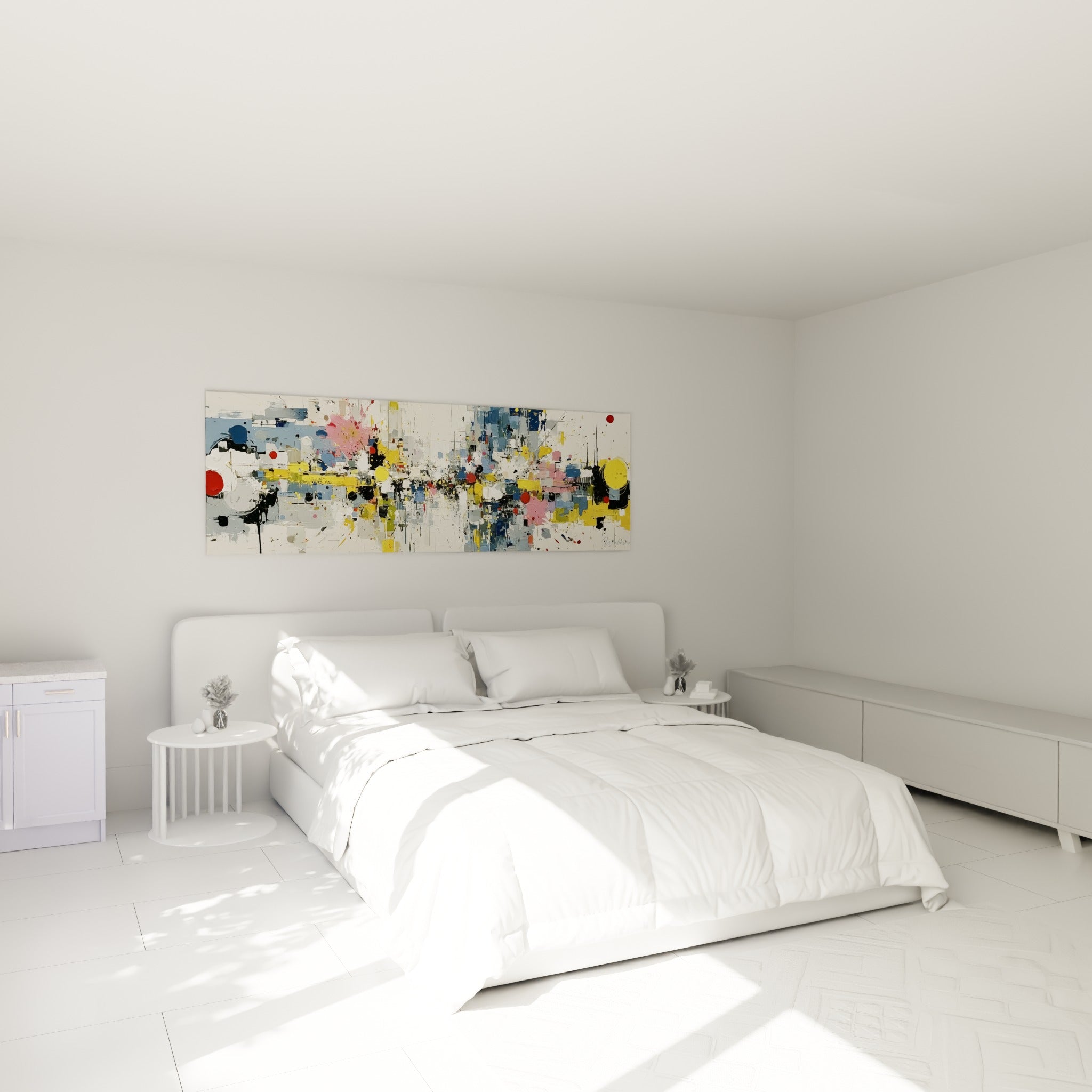 Composition jaune et rose au style Peinture abstrait, accrochée au-dessus d'un lit dans une chambre claire