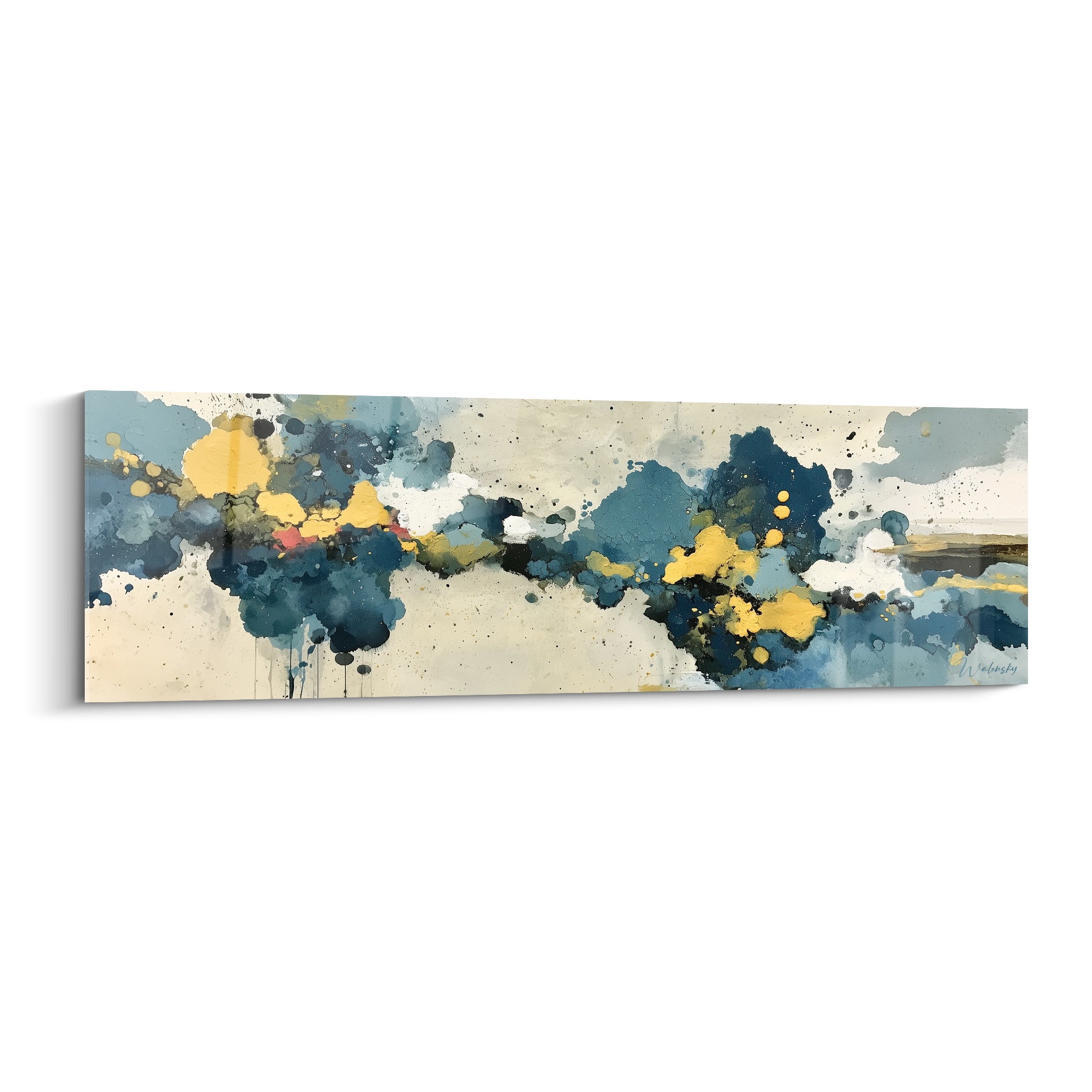 Tableau style Peinture abstrait bleu marine et doré sur fond ivoire, formes fluides façon aquarelle