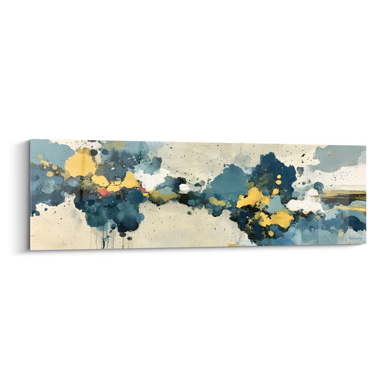 Tableau style Peinture abstrait bleu marine et doré sur fond ivoire, formes fluides façon aquarelle