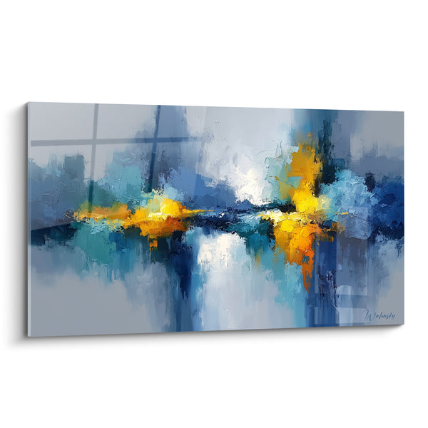 Tableau Reflets bleu marine et doré sur eau - Éclaircie sur l'horizon - Edition style Peinture abstrait