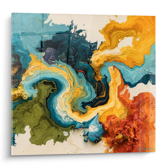 Tableau style Peinture abstrait aux tourbillons bleu marine et orange fauve, texture fluide marbrée