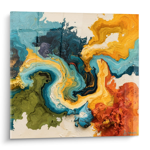 Tableau Coulée turquoise et safran aux volutes marbrées - Empâtement rouge et vert - Edition style Peinture abstrait