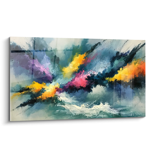 Tableau Vagues de couleurs bleu marine et safran - Tempête chromatique - Edition style Peinture abstrait