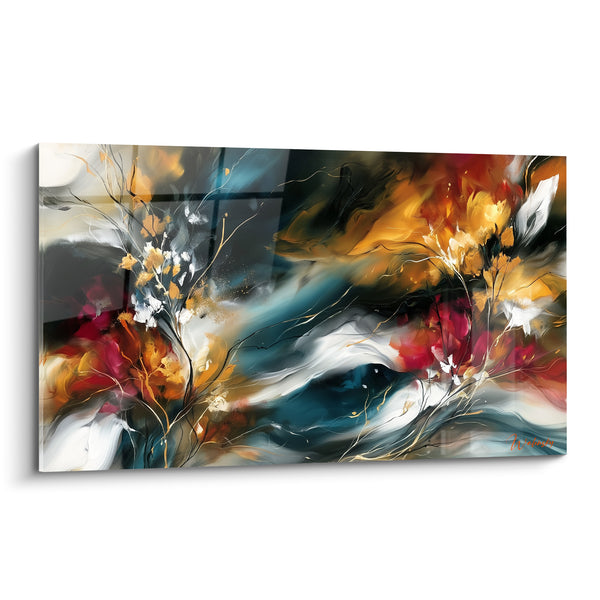 Tableau Ramures dorées et bleu pétrole en tourbillon - Tempête florale - Edition style Peinture abstrait