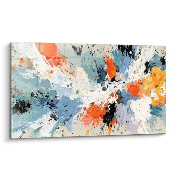 Tableau Éclaboussures bleu pâle et orange divergentes - Points de noir dispersés - Edition style Peinture abstrait