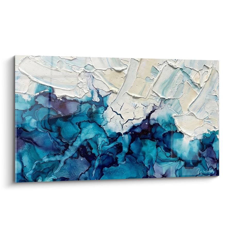 Tableau Vagues abstraites bleu turquoise et blanc crème - Rencontre des profondeurs - Edition style peinture
