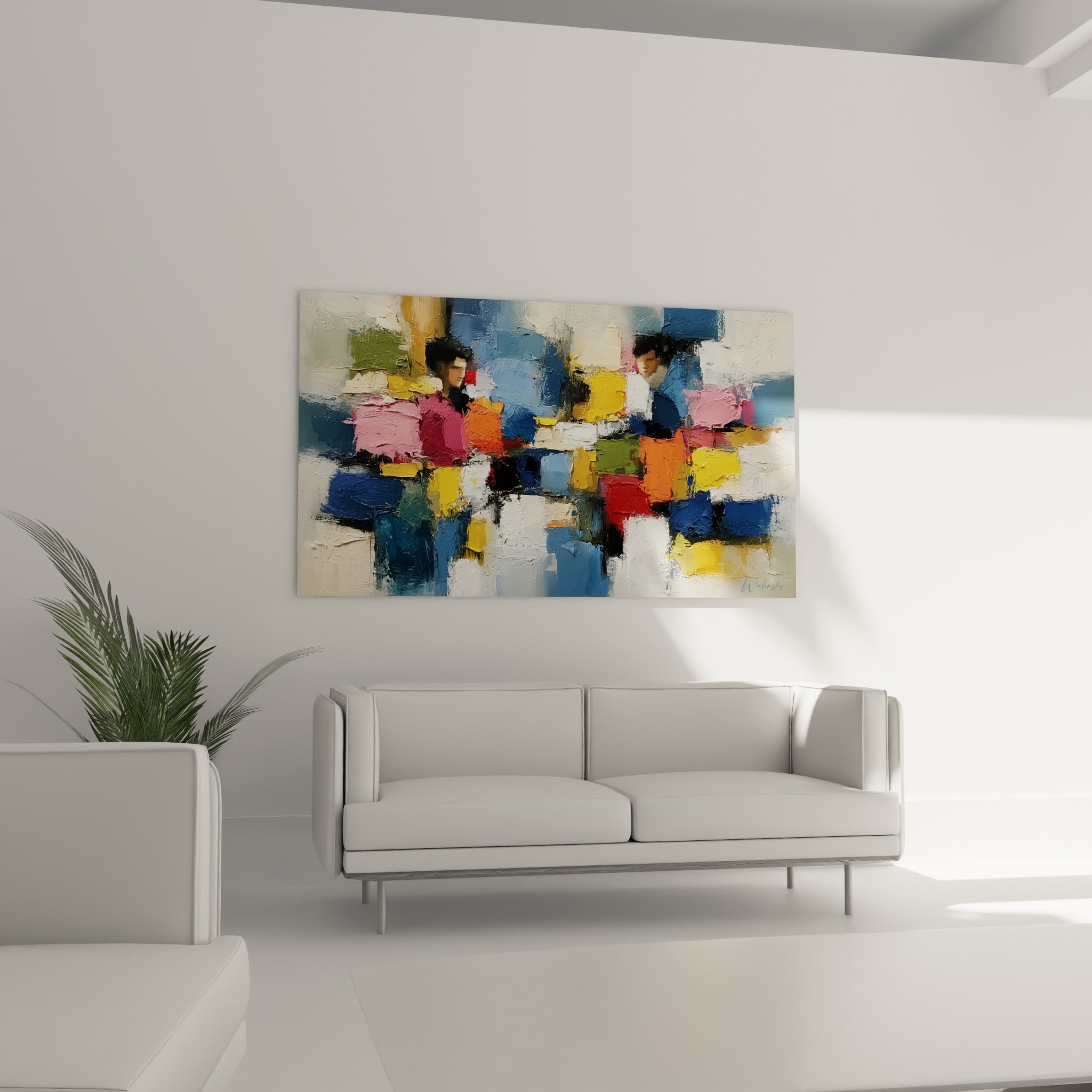 Blocs colorés orange brûlé et bleu ardoise d'un tableau style Peinture abstrait au-dessus d'un canapé dans un salon lumineux