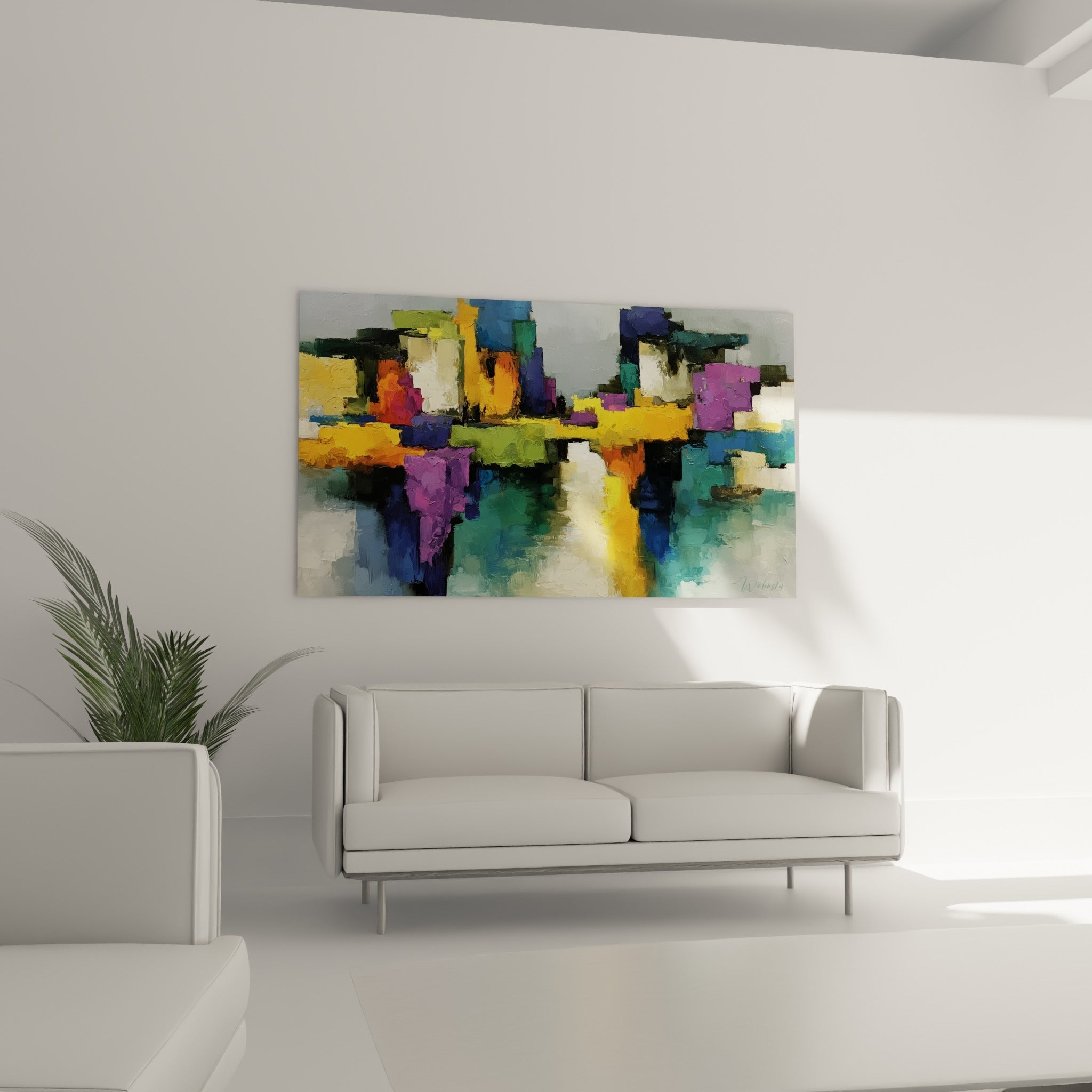 Blocs colorés turquoise et orange formant une cité abstraite, au-dessus d'un canapé dans un salon lumineux