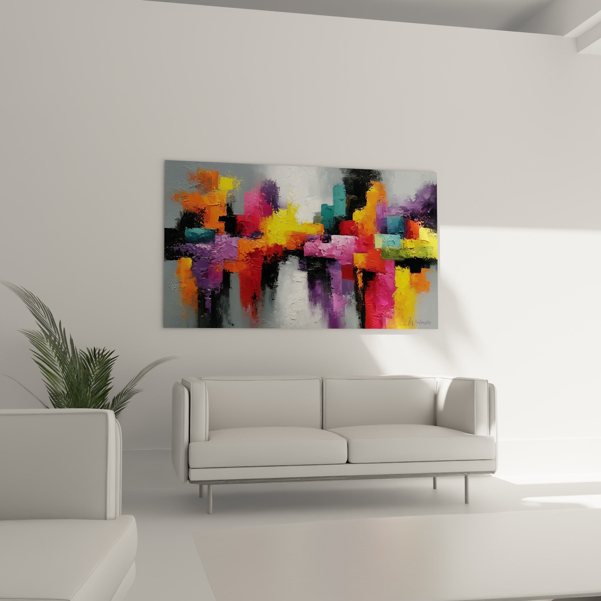 Blocs urbains violets et orangés d'une skyline peinte, au-dessus d'un canapé dans un salon lumineux