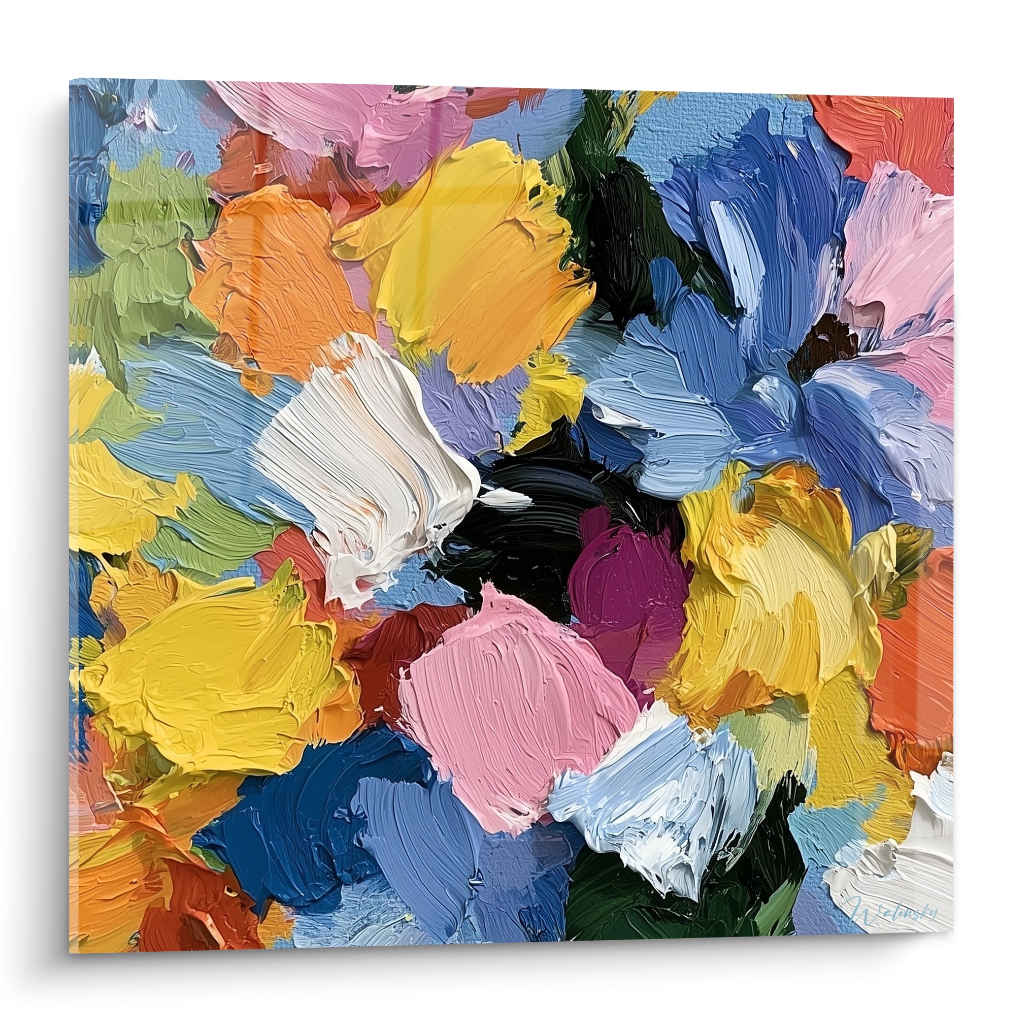 Bouquet floral abstrait jaune, bleu ciel et rose aux empâtements épais style Peinture abstrait