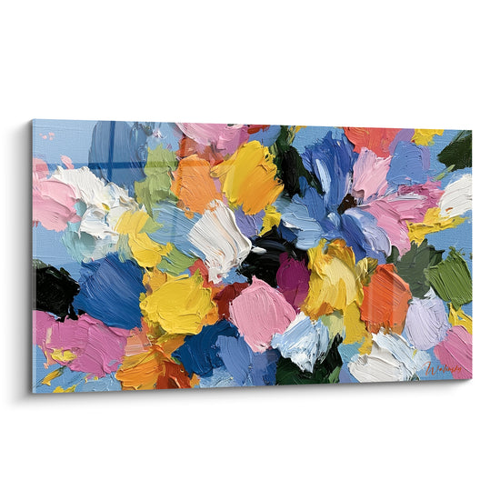 Bouquet fleuri jaune et rose en empâtements épais, fond bleu ciel, style peinture abstrait