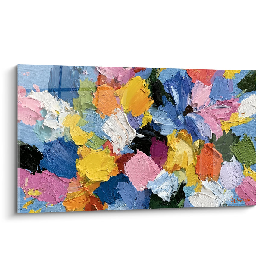 Tableau Bouquet floral rose et jaune empâté sur fond bleu - Pétales au couteau - Edition style Peinture abstrait