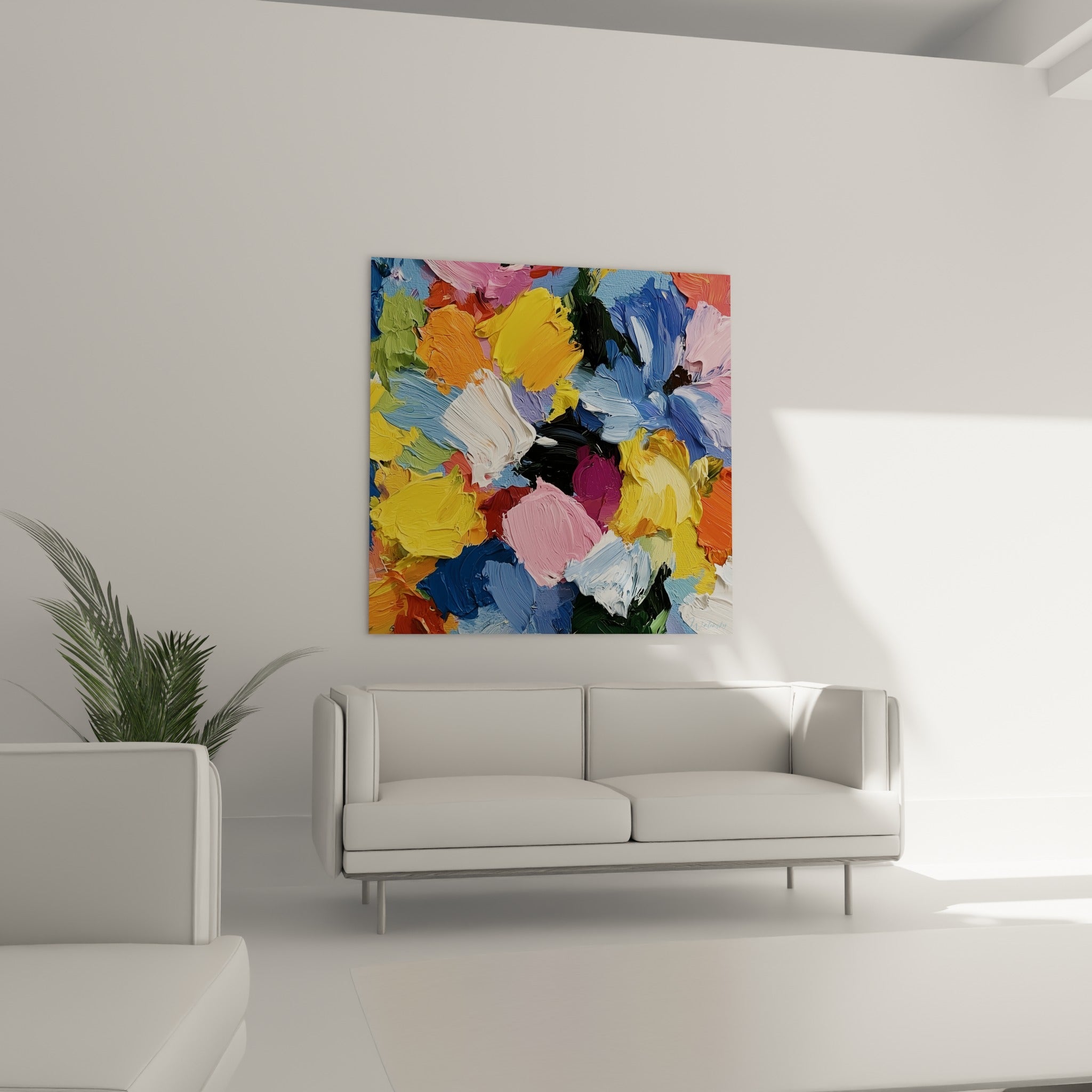 Composition florale colorée aux tons orange et rose au-dessus d'un canapé dans un salon lumineux