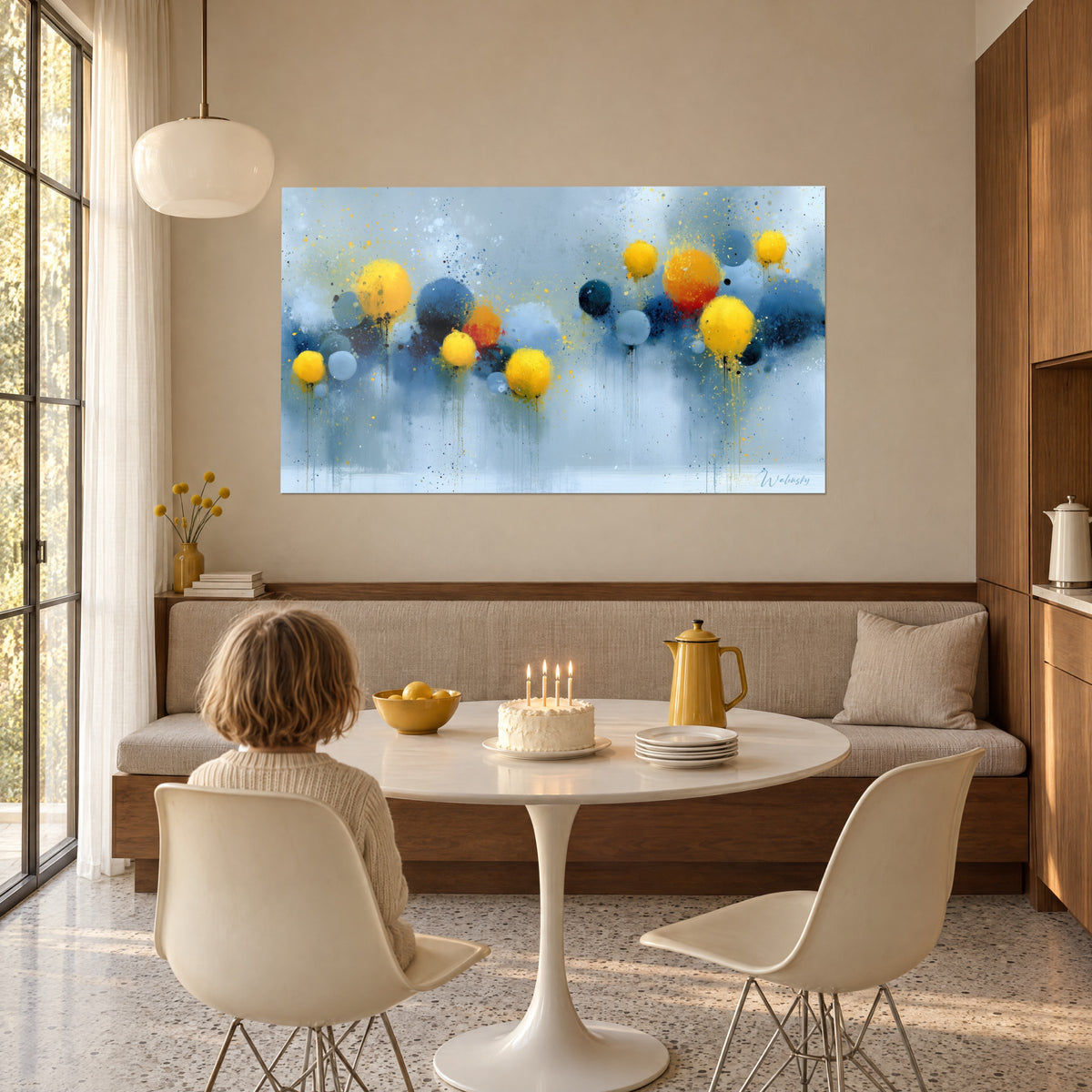 Tableau nuée de disques bleu marine et safran, fond gris perle strié de coulures, dans une salle à manger ensoleillée