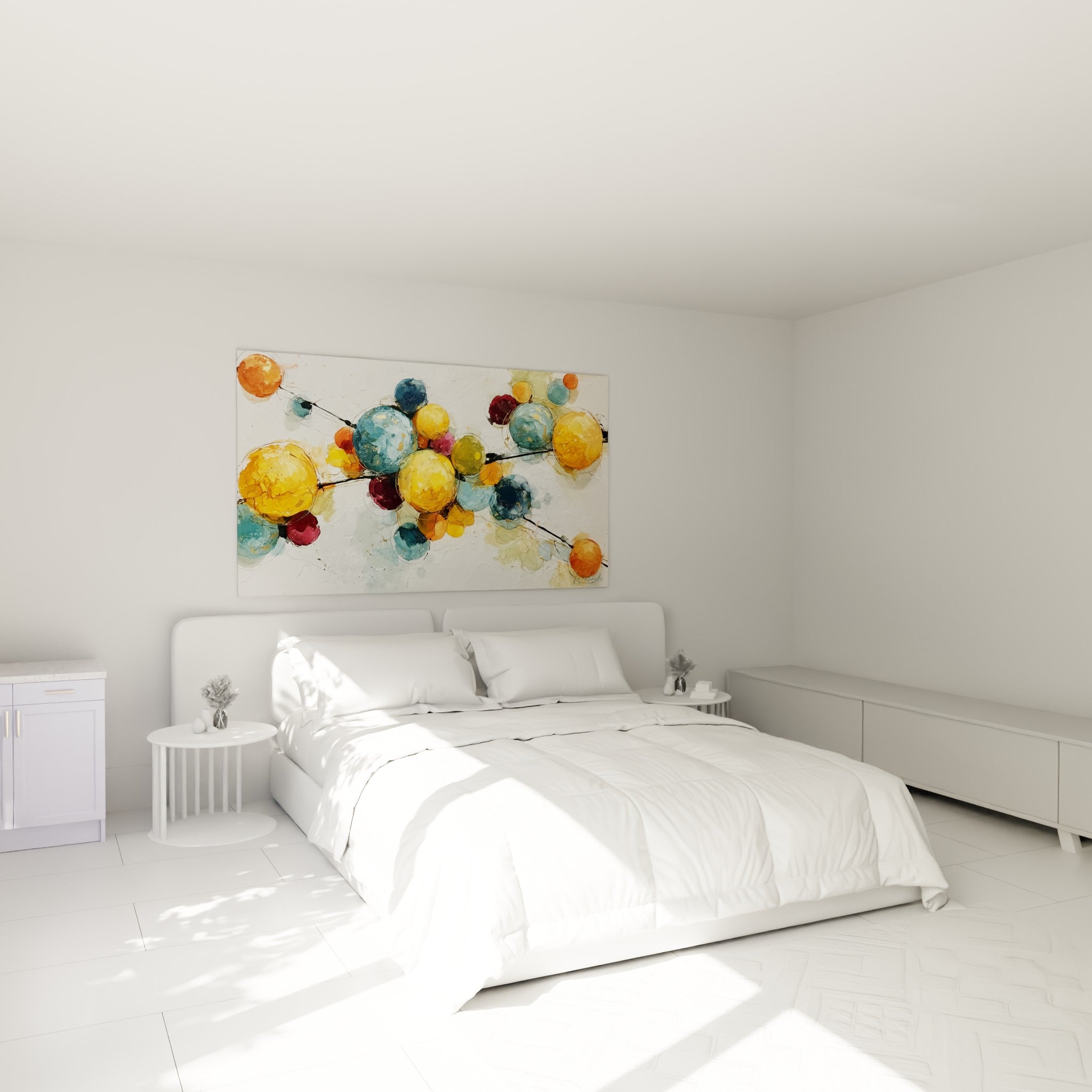 Bulles ocre et bordeaux du style Peinture abstrait accrochées au-dessus d'un lit dans une chambre claire