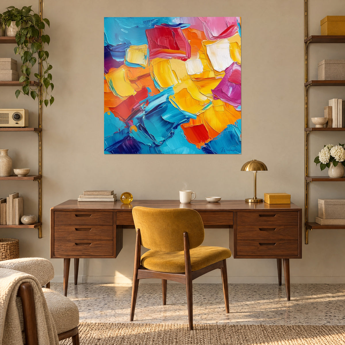 Cuadro mosaico de empastes naranja vivo, magenta y azul profundo, colgado encima de un escritorio de madera en un rincón de trabajo