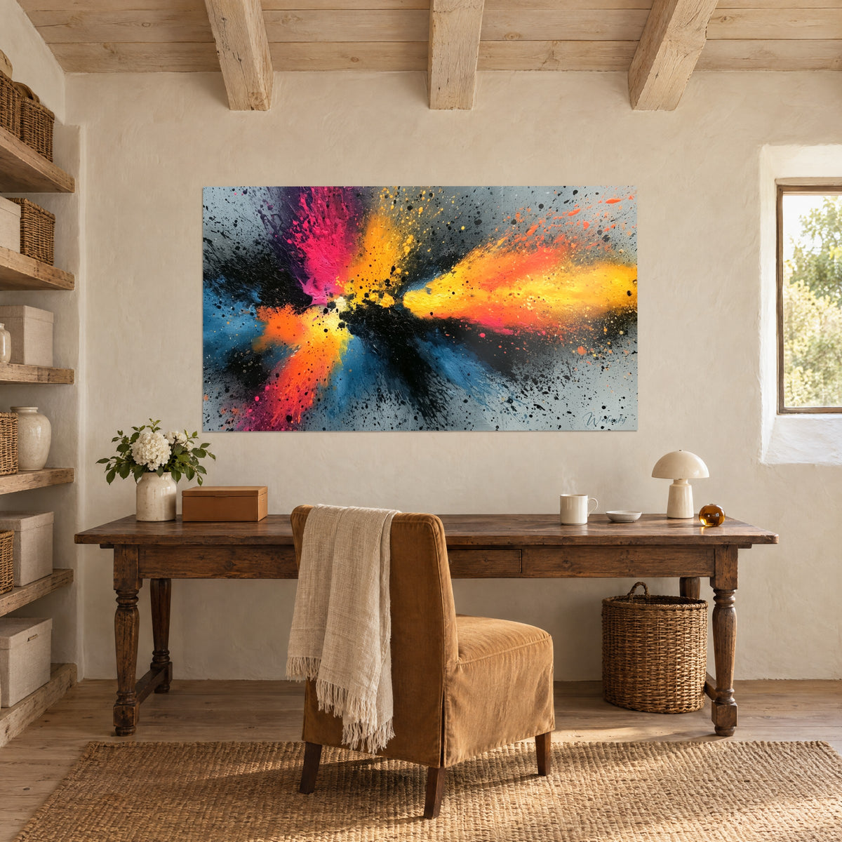 Tableau abstraction explosive en diagonale orange et bleu, éclaboussures noires, au-dessus d'un bureau en bois dans une pièce voûtée