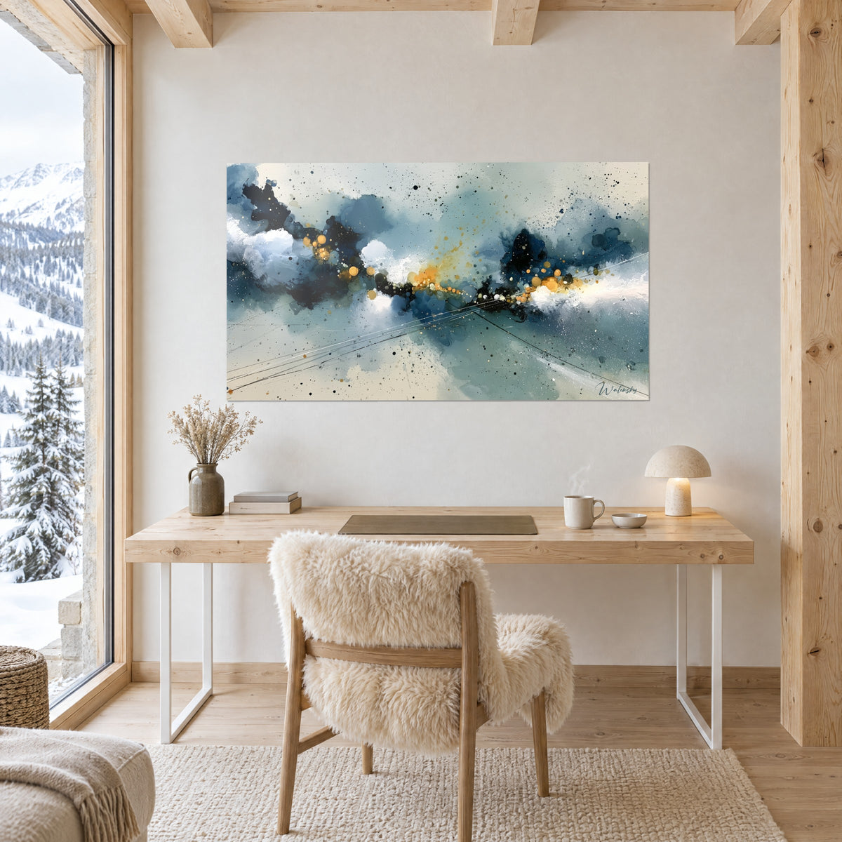 Wall art of diluted navy ink, orange blotches and fine crossing white lines, on the wall of a light wood office beside a window