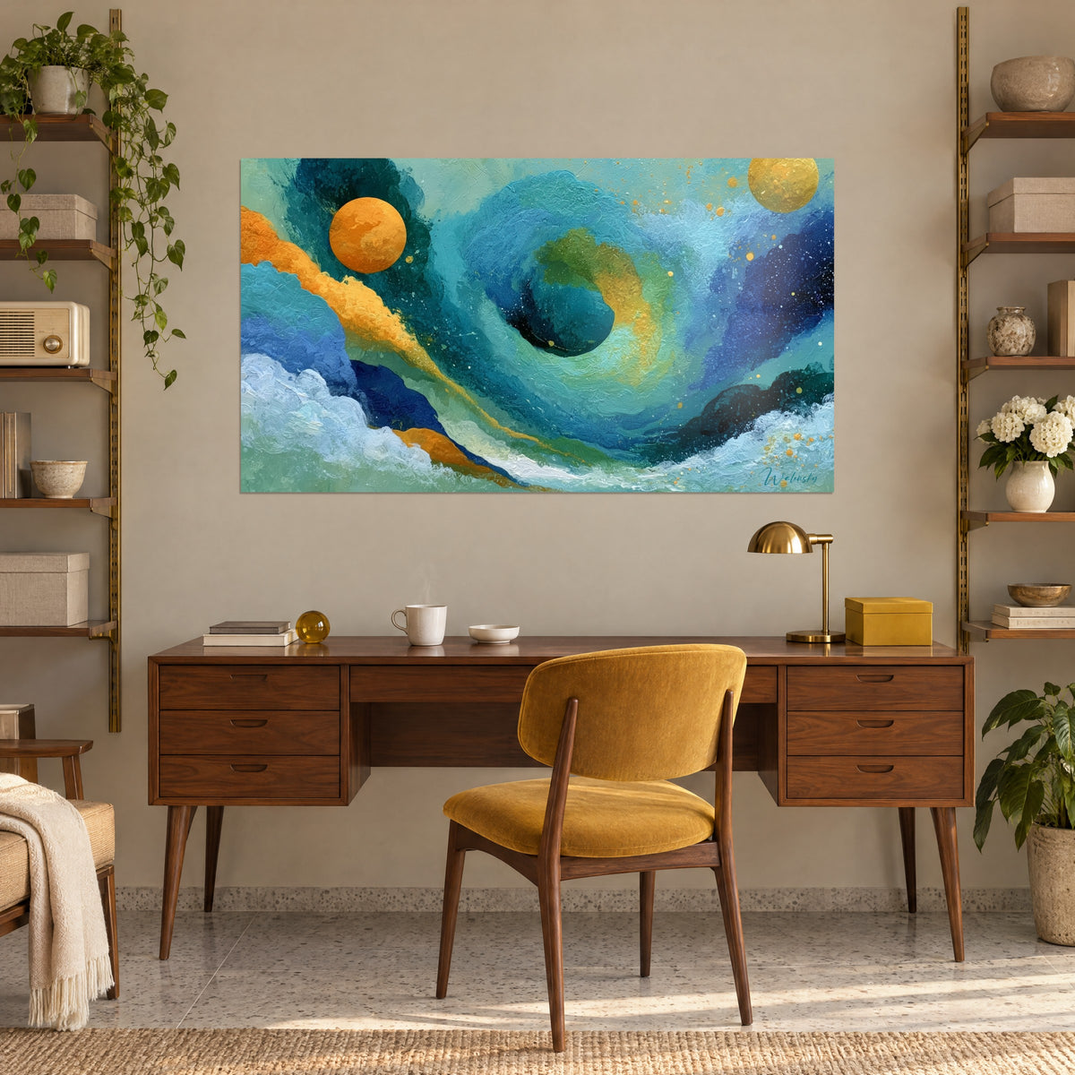 Cuadro remolino cósmico azul pato y oro salpicado, trazos de espátula visibles, encima de un escritorio de madera y un sillón color mostaza