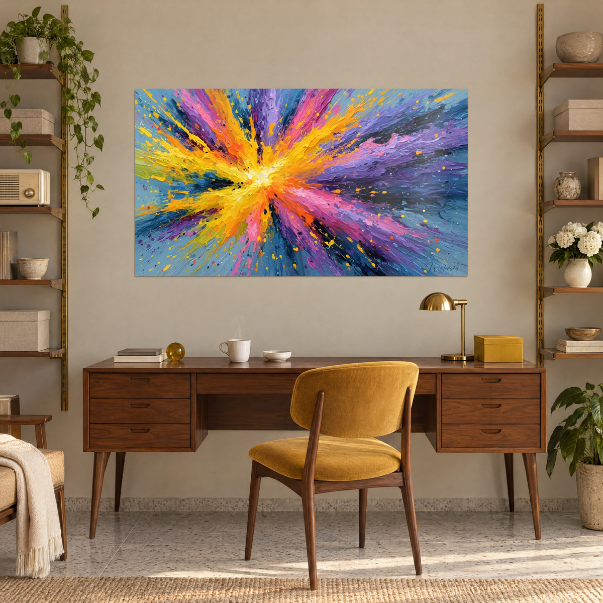Schilderij golf van licht met magenta en citroengele strepen op een blauwgrijze achtergrond, houten bureau, mosterdgele fauteuil