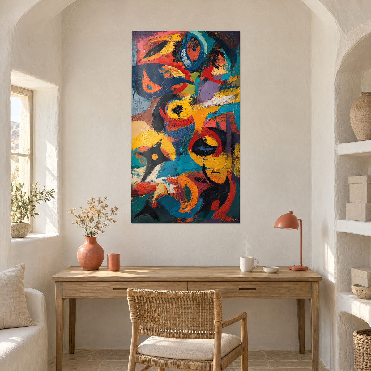 Cuadro pintura gestual con manchas naranja vivo y lila, colgado sobre un escritorio de madera clara y una lámpara rosa, pared blanca