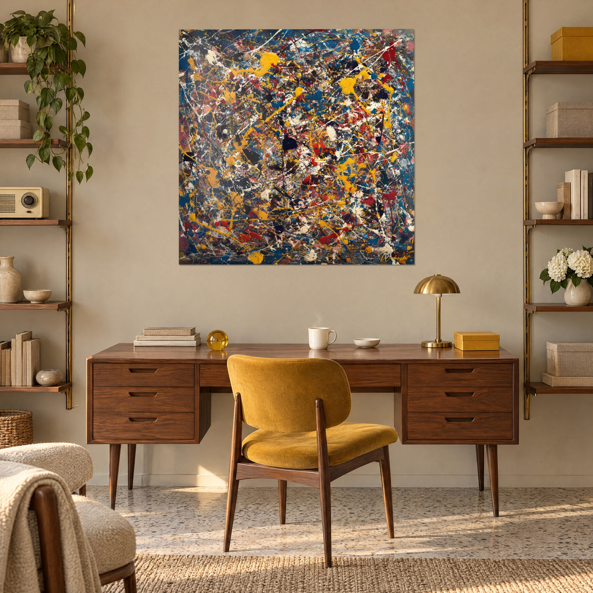 Cuadro pintura gestual con salpicaduras amarillas y trazos negros, hilos blancos, colgado encima de un escritorio de nogal y una silla mostaza