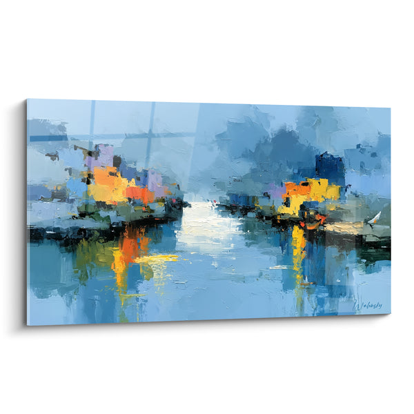 Tableau Canal bleu et doré aux reflets d'eau - Reflets du port - Edition style Peinture abstrait