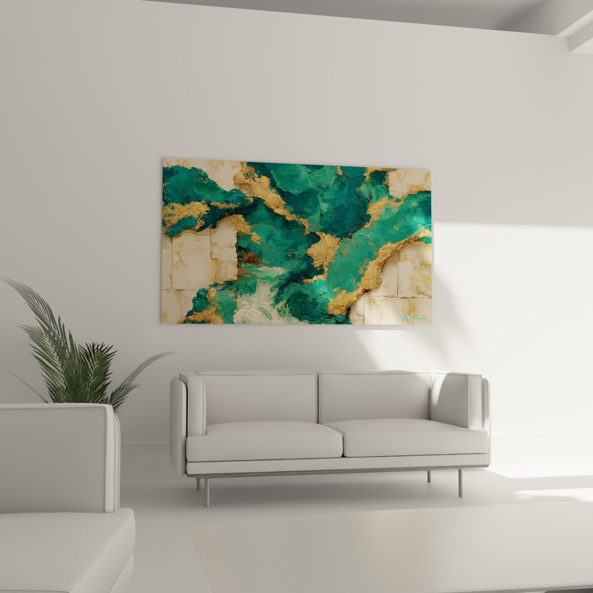 Coulée turquoise et écume blanche jaillissant de la pierre dorée, au-dessus d'un canapé dans un salon lumineux