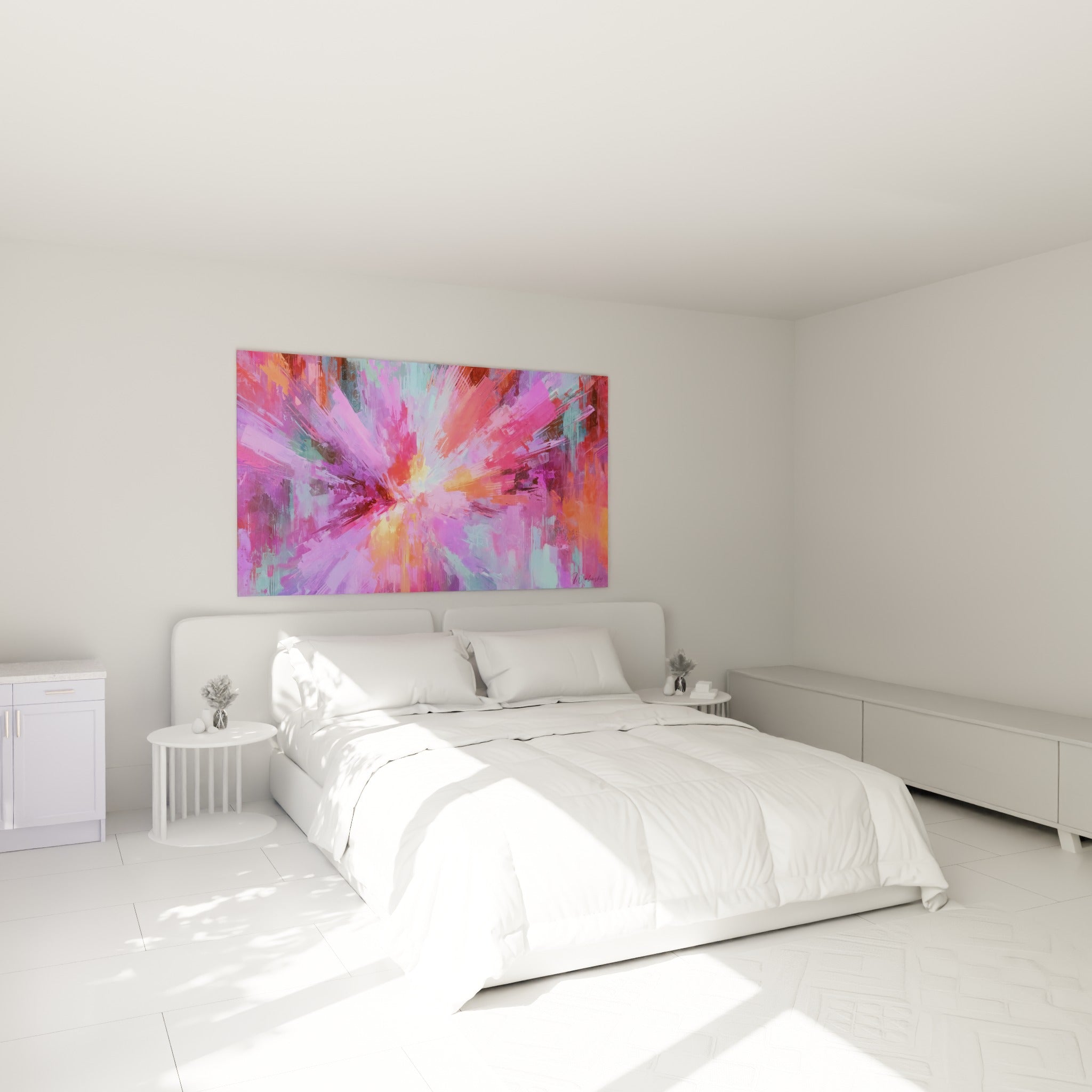 Toile de style Peinture abstrait aux tons roses et turquoise au-dessus d'un lit dans une chambre claire