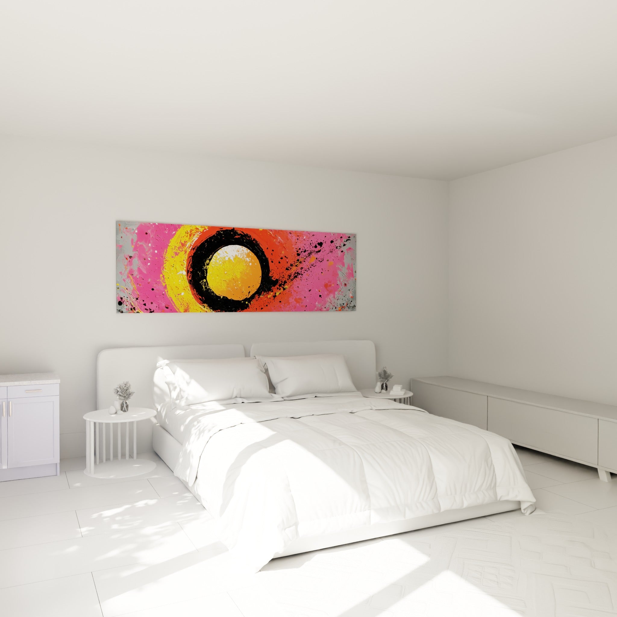 Tourbillon rose et jaune, éclats noirs projetés, au-dessus d'un lit dans une chambre claire