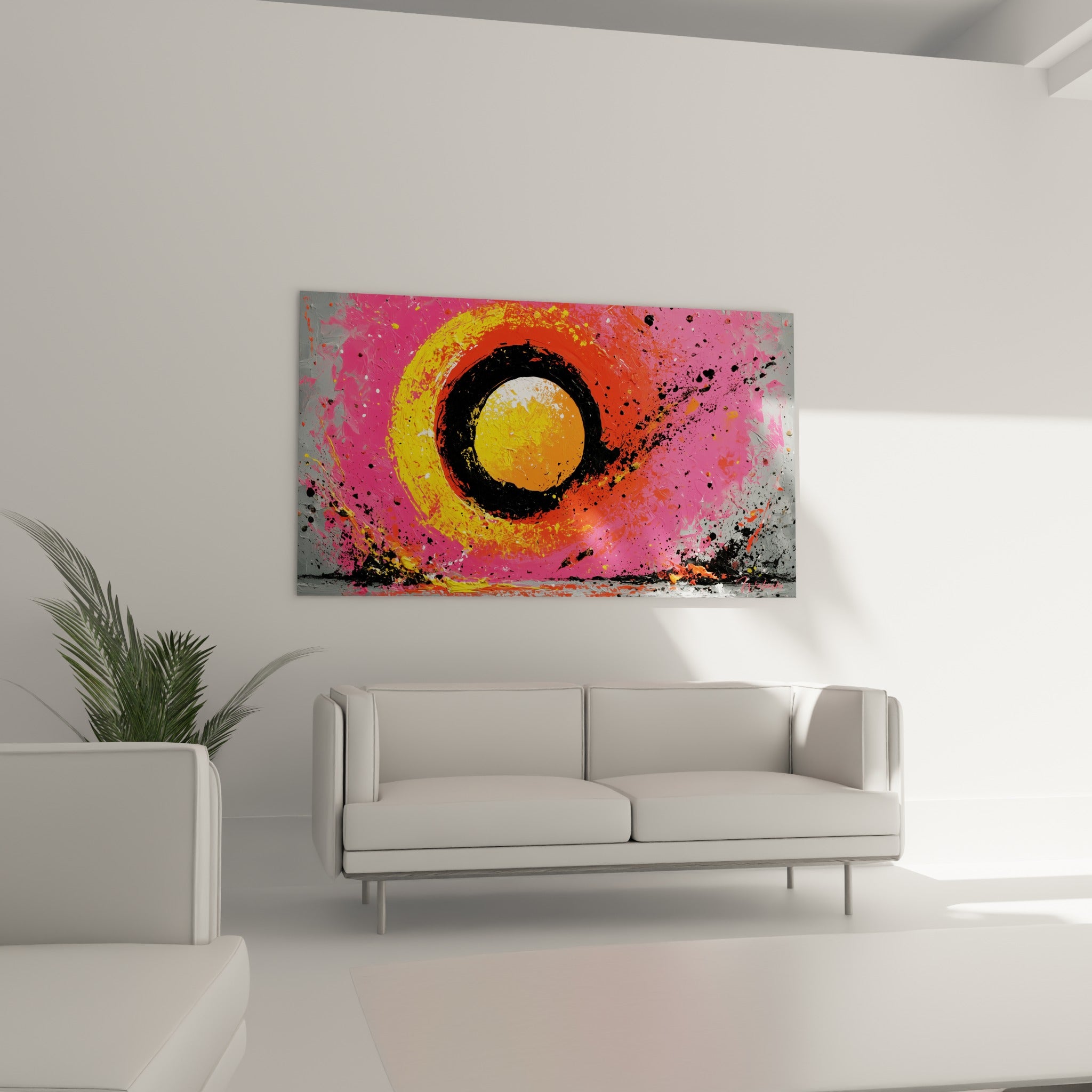 Cercle style Peinture abstrait jaune et noir aux éclaboussures vives au-dessus d'un canapé dans un salon lumineux