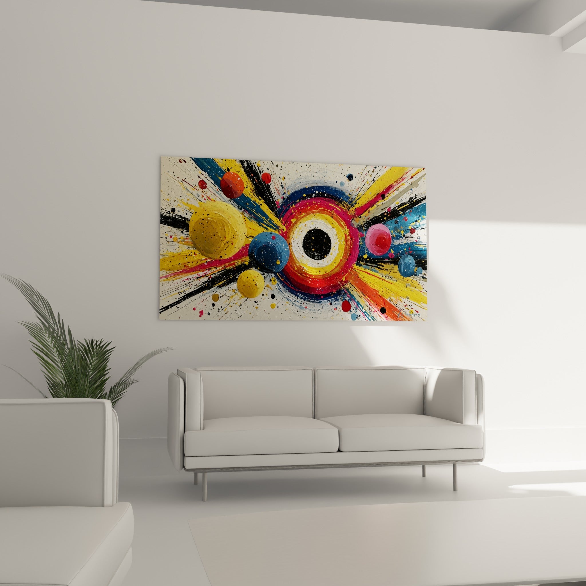 Cercle concentrique rouge et bleu marine irradiant en rayons jaunes, au-dessus d'un canapé dans un salon lumineux
