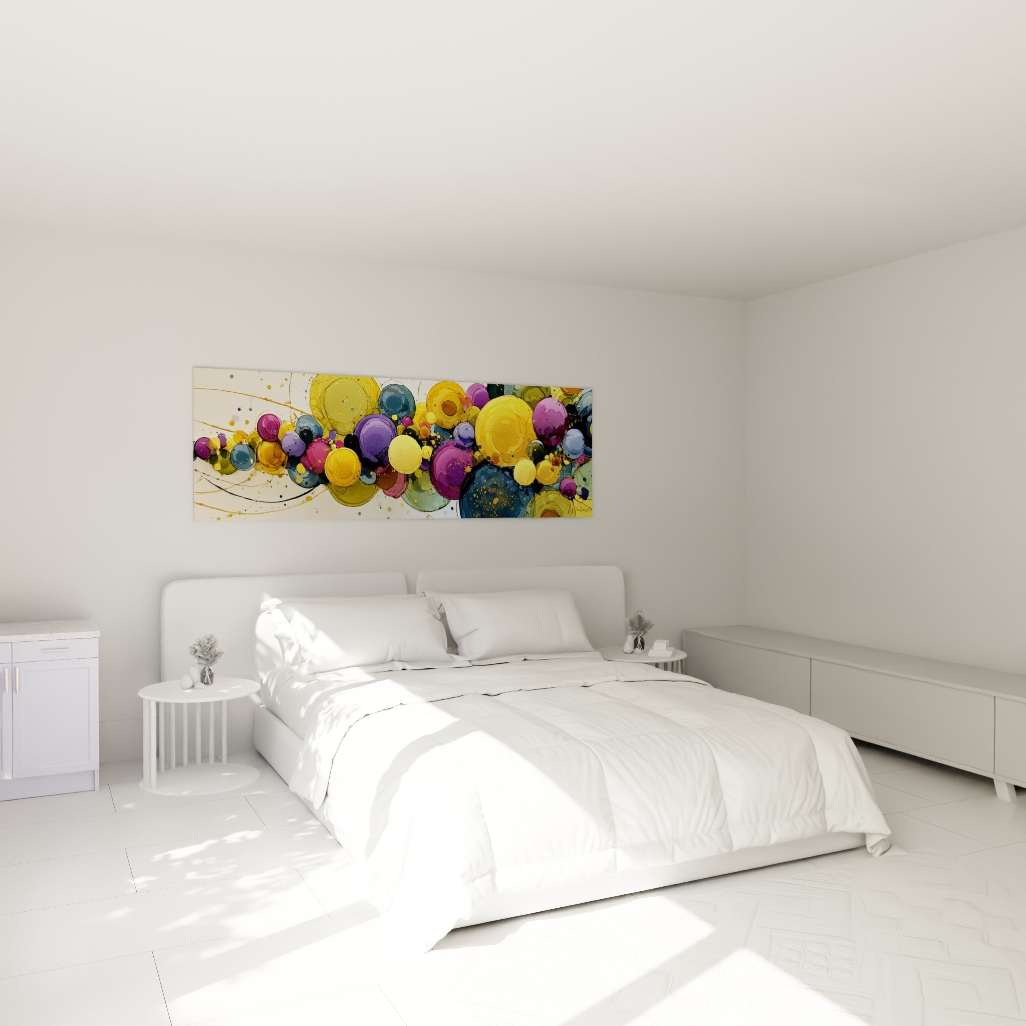Cercles dorés et violets fluides, œuvre style Peinture abstrait au-dessus d'un lit dans une chambre claire