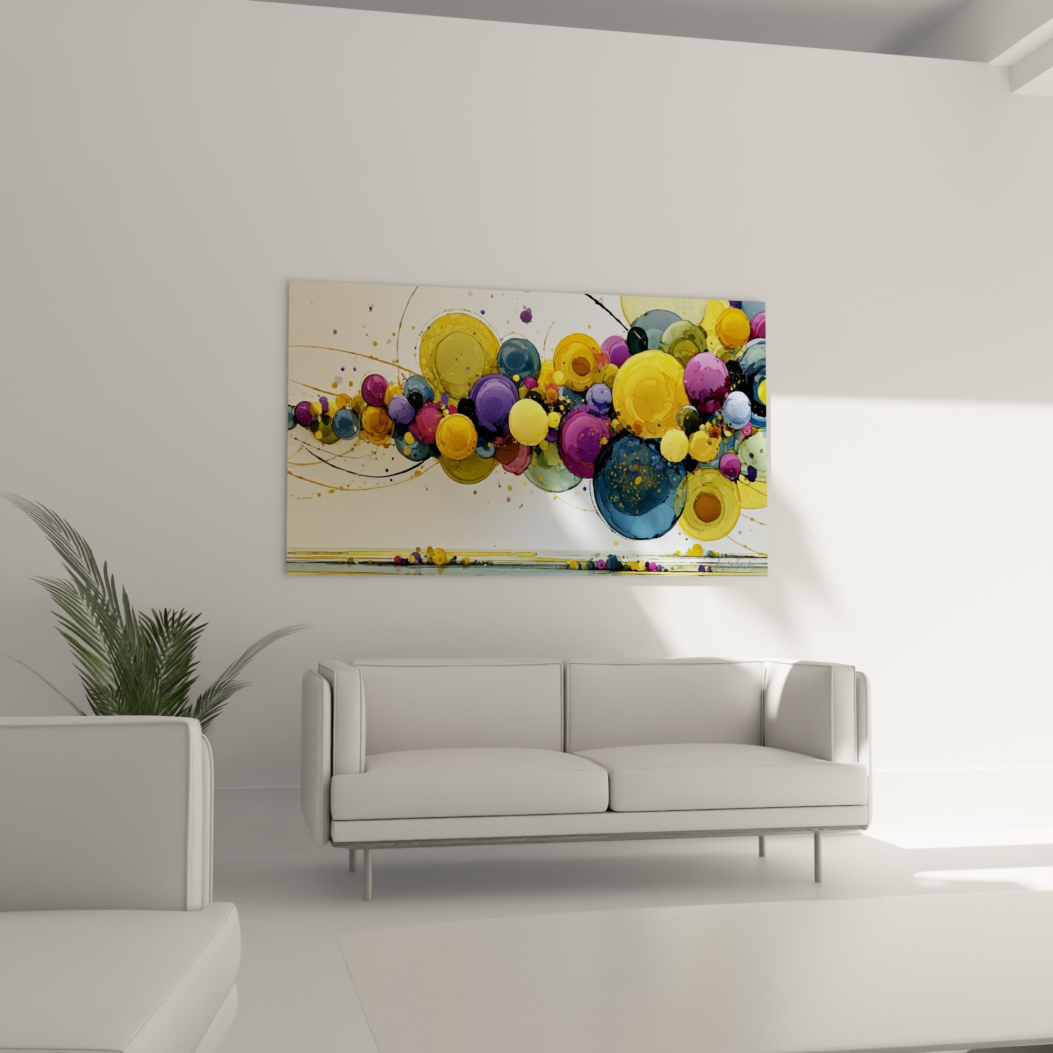 Cercles dorés et bleu marine aux contours texturés, tableau style peinture abstrait au-dessus d'un canapé dans un salon lumineux